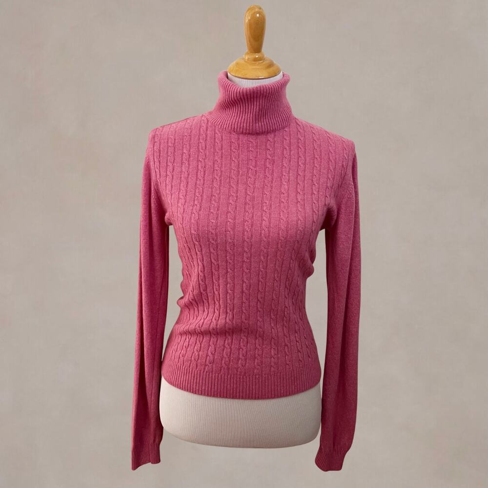 Vintage 1990s Pink Angora Blend Turtleneck Sweater Made in Italy Cable Knit M